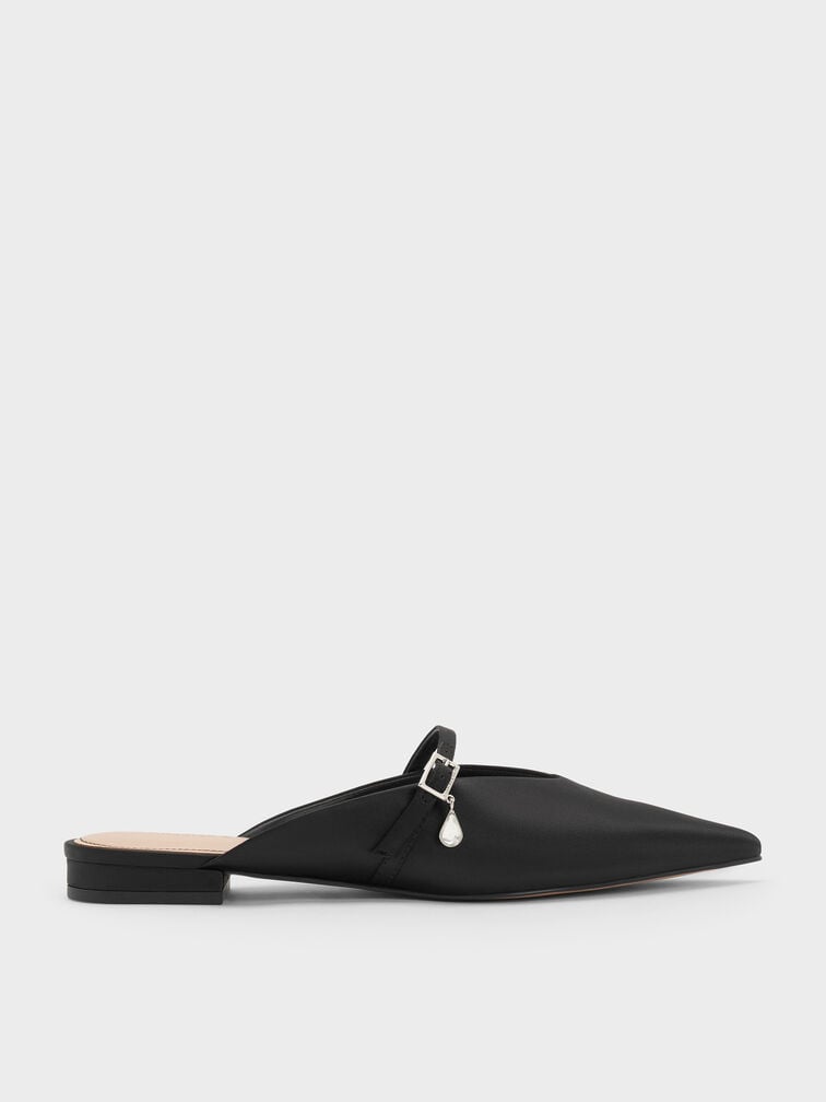 Satin Teardrop-Crystal Flat Mules, Black Textured, hi-res