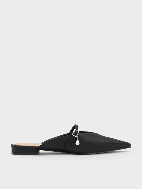 Teardrop-Crystal Flat Mules, Black Textured, hi-res
