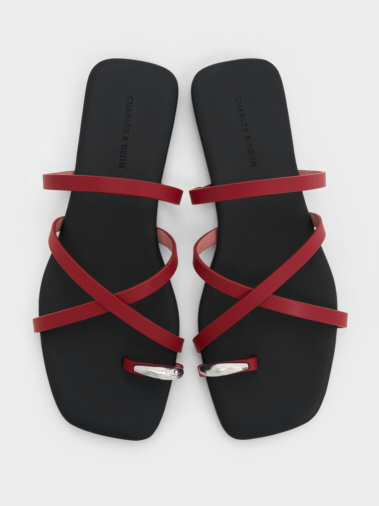 Metallic-Accent Strappy Toe-Ring Sandals, Red, hi-res