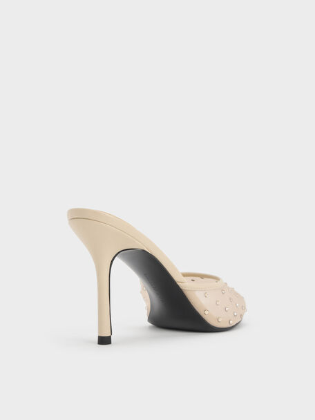 Mesh Crystal Peep-Toe Heeled Mules, Beige, hi-res
