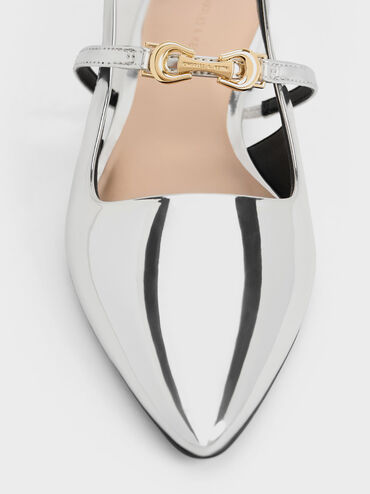 Trifina Metallic-Accent Pointed-Toe Slingback Flats, Silver, hi-res