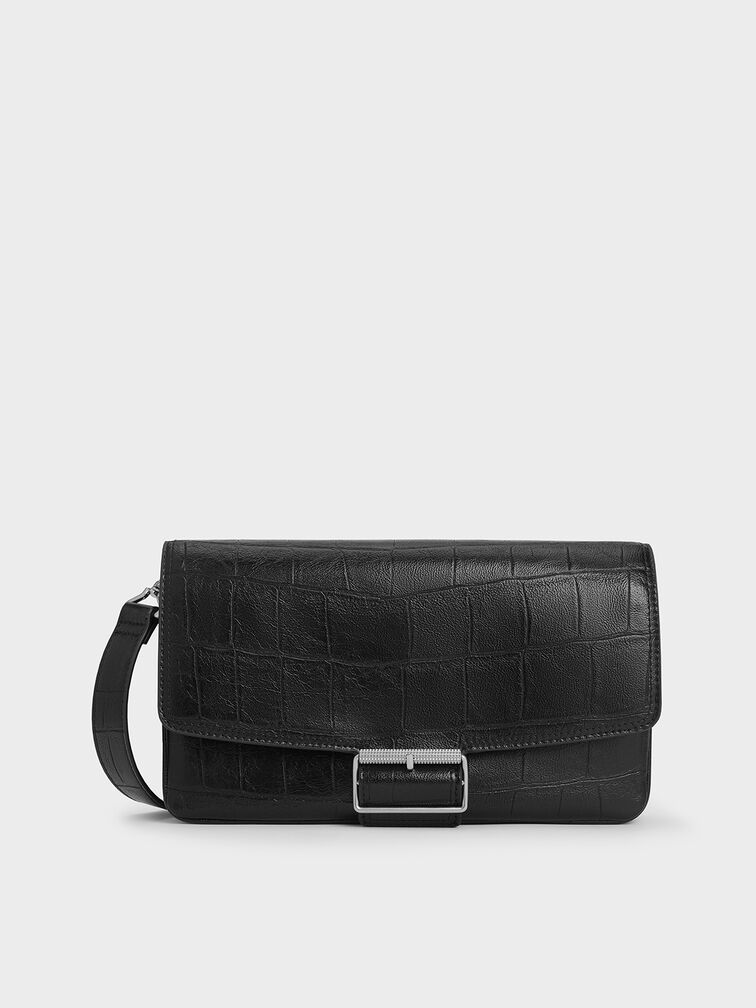 Liv Croc-Effect Grommet Chain-Handle Shoulder Bag, Noir, hi-res
