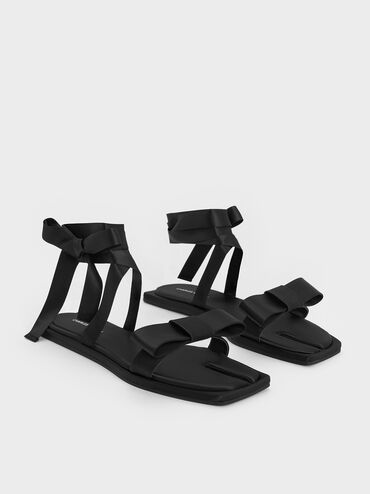 Satin Bow Tie-Around Flat Sandals, Black Textured, hi-res