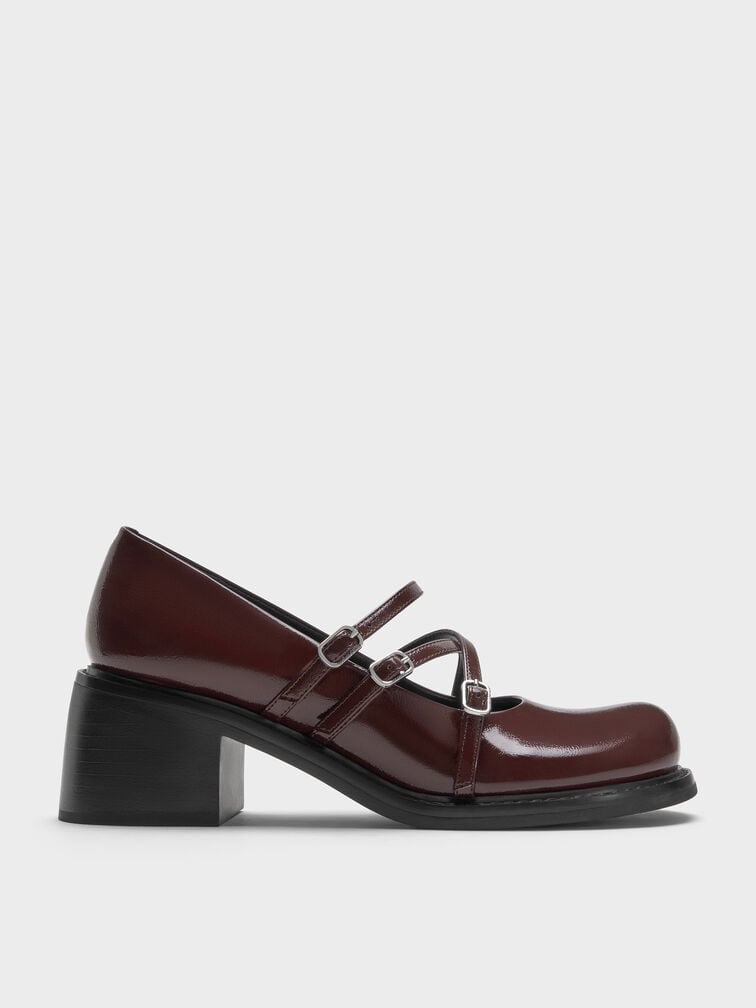 Patent Triple-Strap Crossover Block-Heel Mary Janes, Burgundy, hi-res