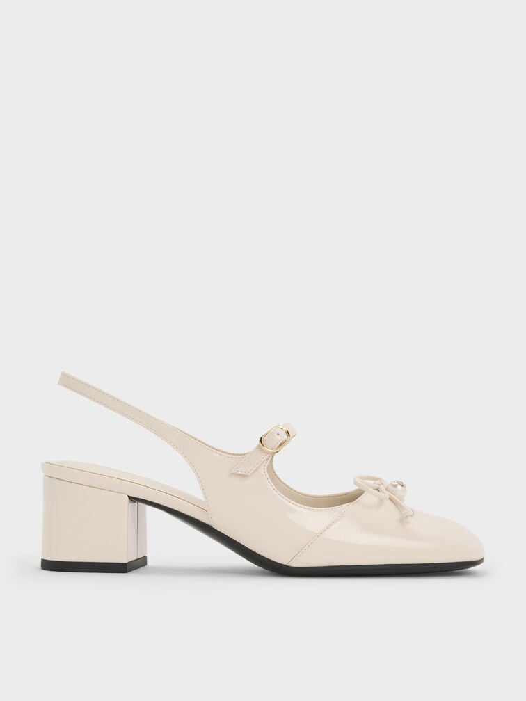 Patent Bow Crystal-Pearl Slingback Mary Jane Pumps, Chalk, hi-res