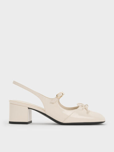 Patent Bow Crystal-Pearl Slingback Mary Jane Pumps, Chalk, hi-res