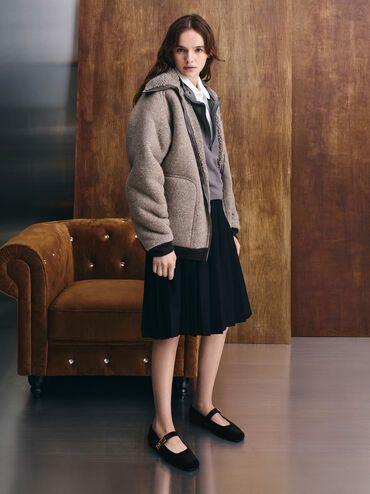 Lando Velvet Metallic-Buckle Mary Jane Flats, Black Textured, hi-res