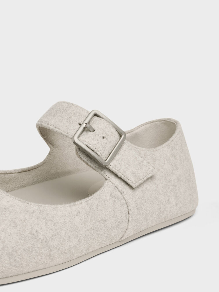 Felt Buckled Mary Jane Flats, Light Grey, hi-res