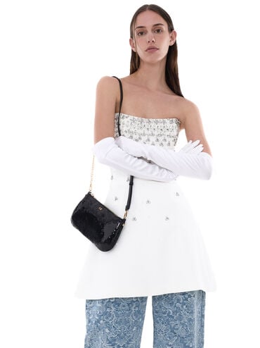 Sequin Mesh & Leather Shoulder Bag, Black, hi-res