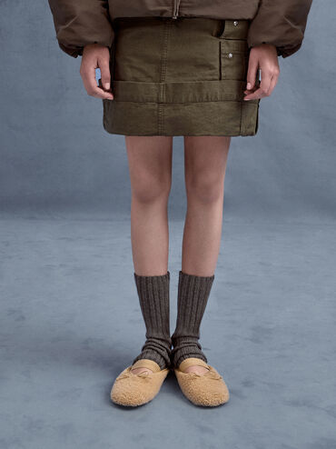 Nancy Faux Shearling Bow Ballet Mules, Brown, hi-res