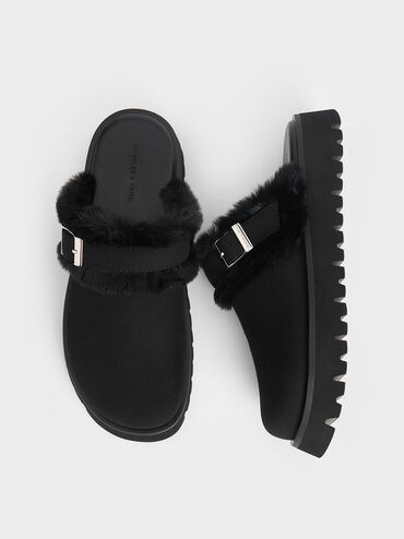Hannah Textured Fur-Trim Buckled Mules, Black, hi-res