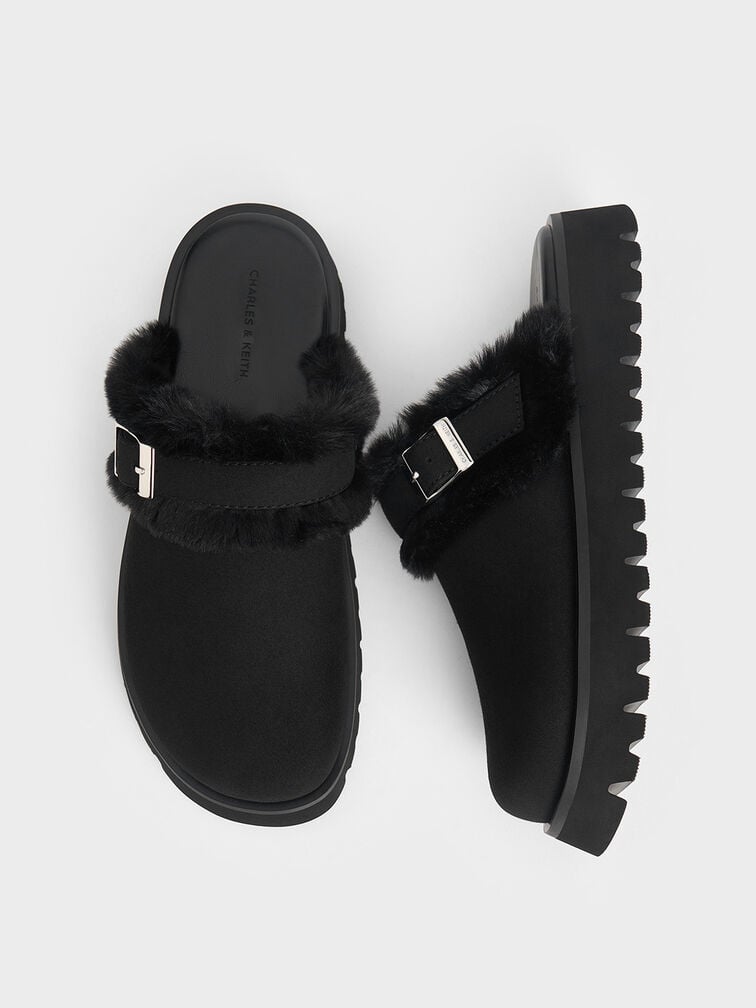 Hannah Textured Fur-Trim Buckled Mules, Black, hi-res