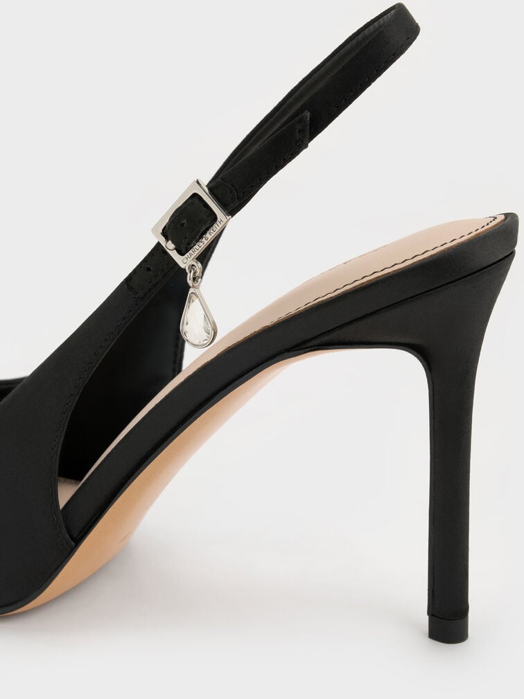 Satin Teardrop-Crystal Stiletto-Heel Slingback Pumps, Black Textured, hi-res