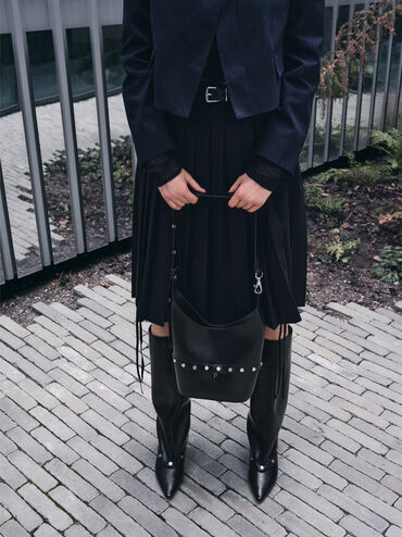 Bobbie Studded Convertible Two-Way Bucket Bag, Noir, hi-res