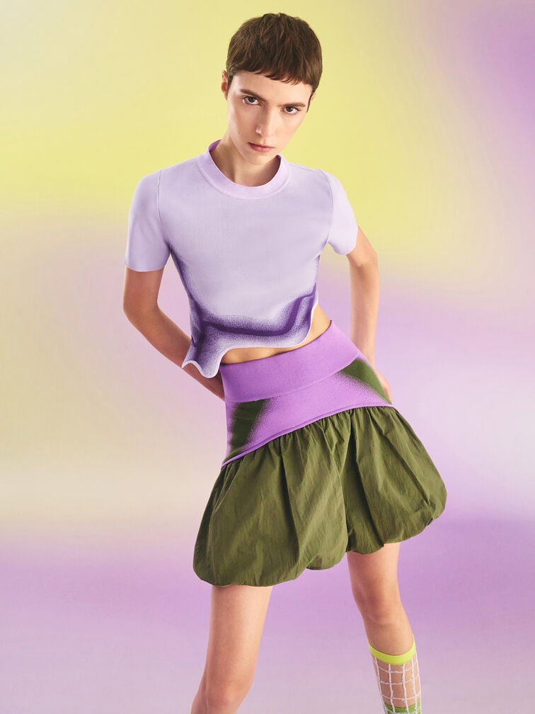 Recycled Polyester Knitted Gradient Wave-Hem Crop Top, Lilac, hi-res