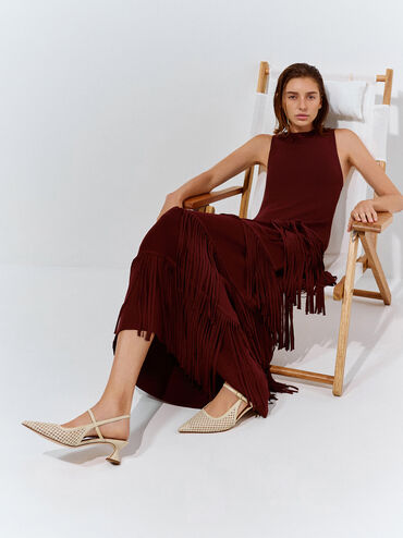 Raffia Sculptural-Heel Slingback Pumps, Beige, hi-res