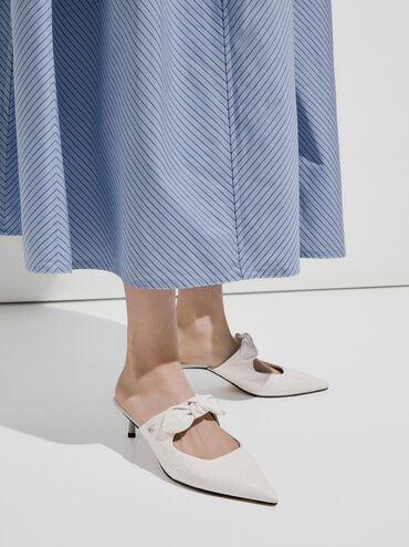 Jayce Crinkle-Effect Leather Knot-Bow Kitten-Heel Mules, White, hi-res