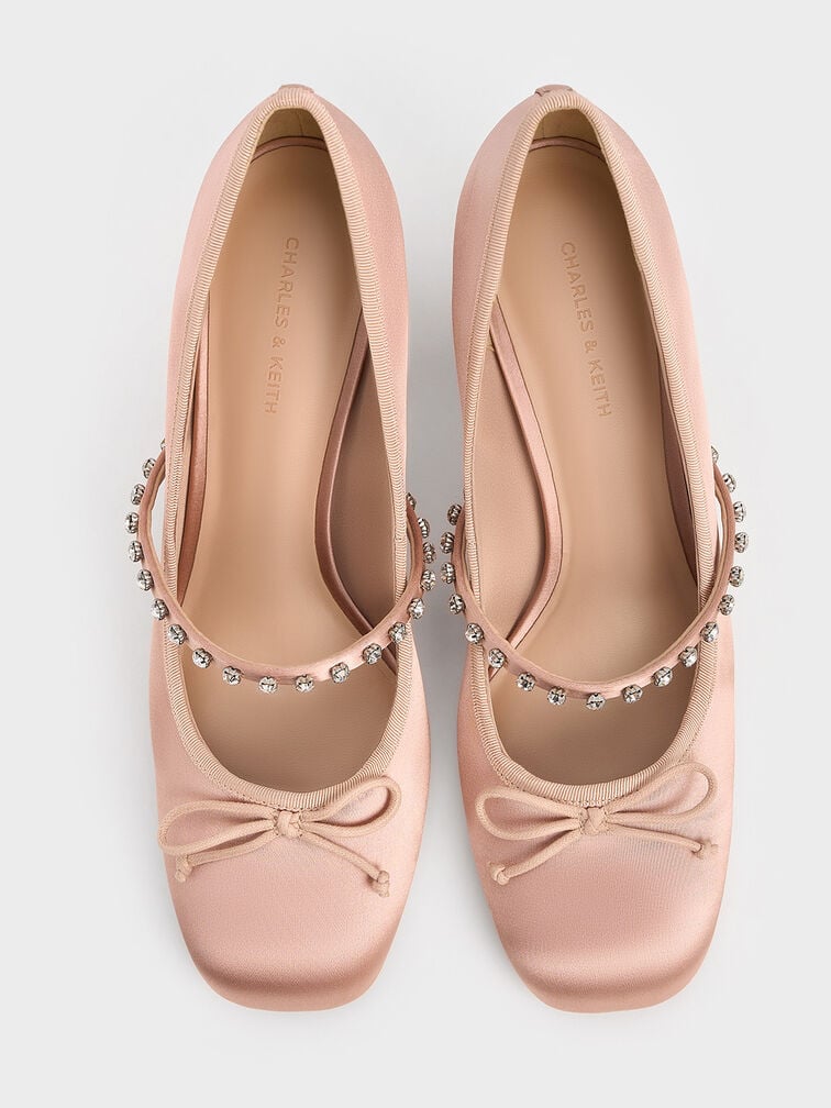 Satin Gem-Embellished Bow Mary Jane Pumps, Nude, hi-res