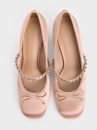 Satin Gem-Embellished Bow Mary Jane Pumps, Nude, hi-res