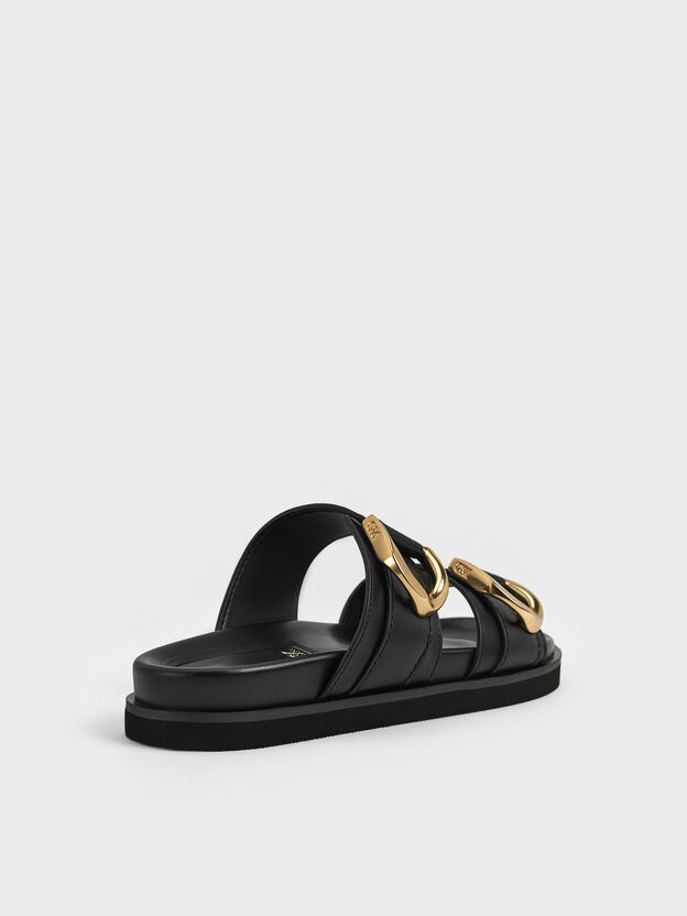 Gabine Gold-Buckle Leather Slides, Black, hi-res
