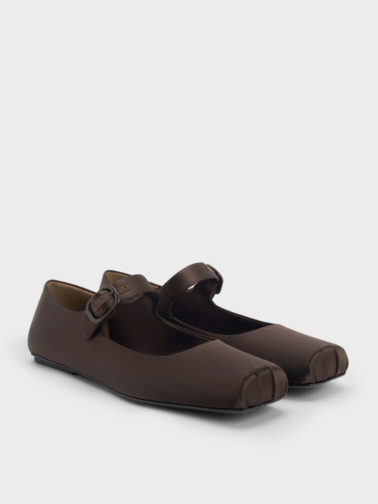 Satin Buckled Square-Toe Mary Jane Flats, Dark Brown Textured, hi-res