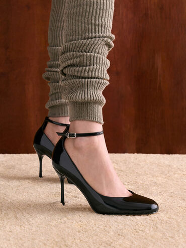 Aretha Patent Leather Ankle-Strap Stiletto-Heel Pumps, Black Patent, hi-res