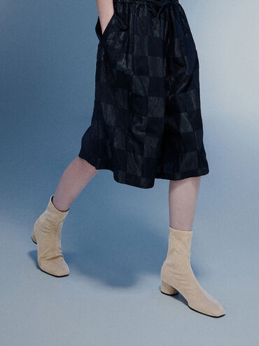 Faux Suede Stitch-Trim Heeled Ankle Boots, Sand, hi-res