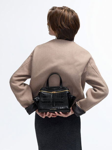 Pansy Trapeze Croc-Effect Top Handle Bag, Black, hi-res