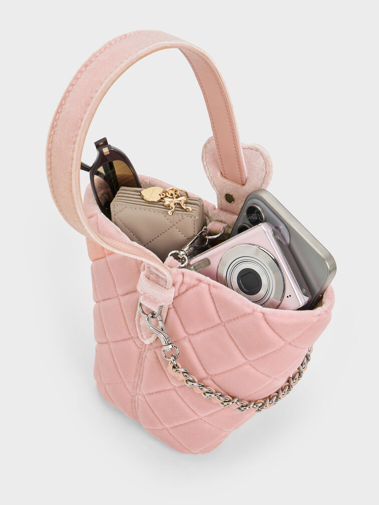 Duo Velvet Quilted Chain Bucket Bag, Pink, hi-res