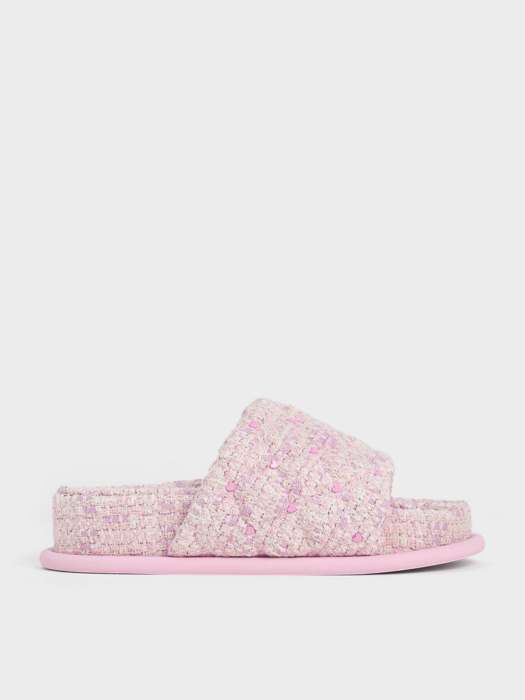 Dahlia Tweed Quilted Heart-Print Sandals, Pink, hi-res
