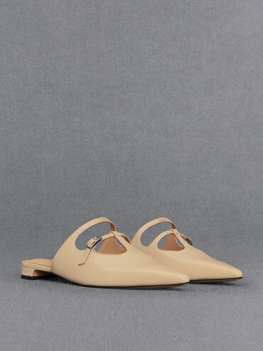 Leather T-Bar Double-Strap Mules, Beige, hi-res