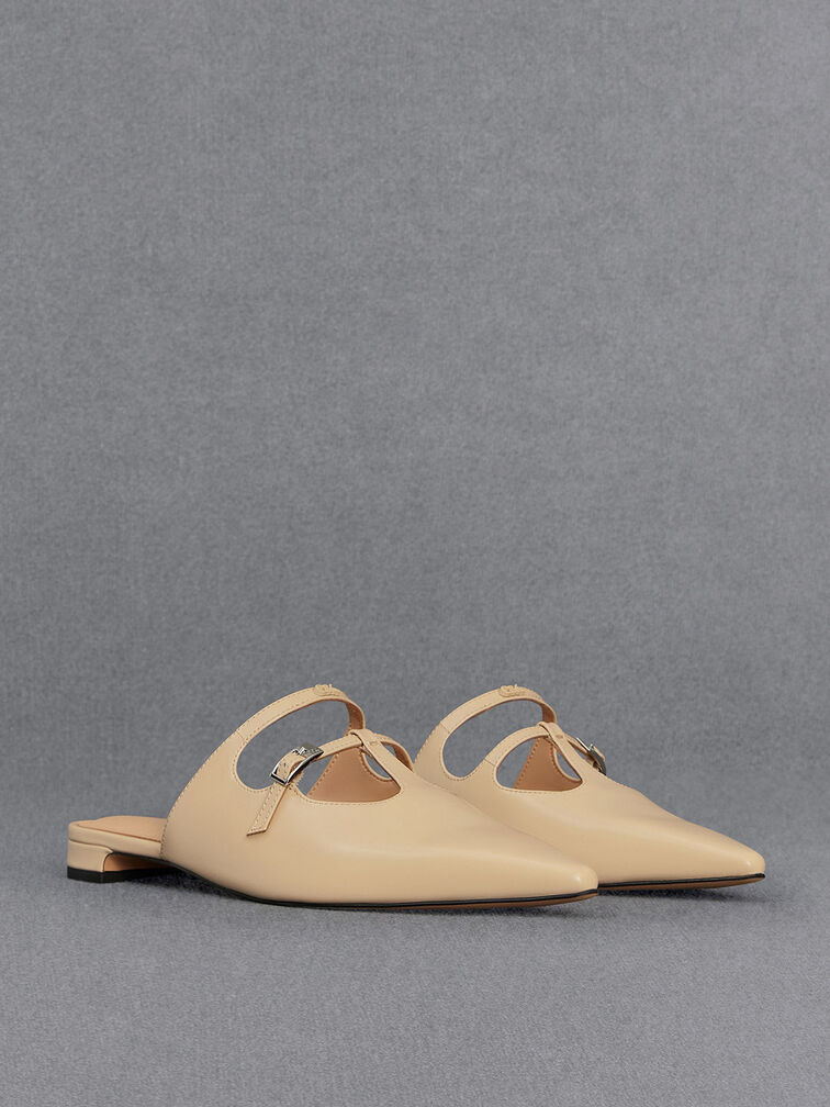 Leather T-Bar Double-Strap Mules, Beige, hi-res