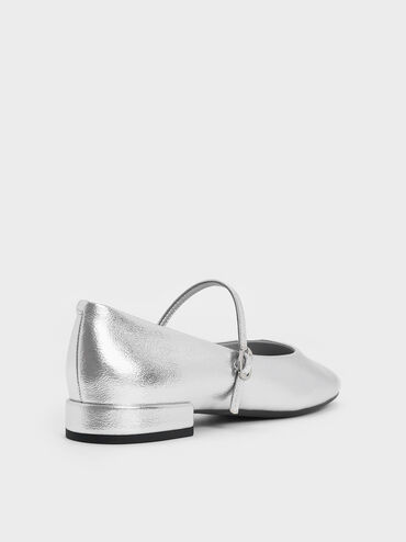 Gertrude Metallic Round-Toe Mary Janes, Silver, hi-res