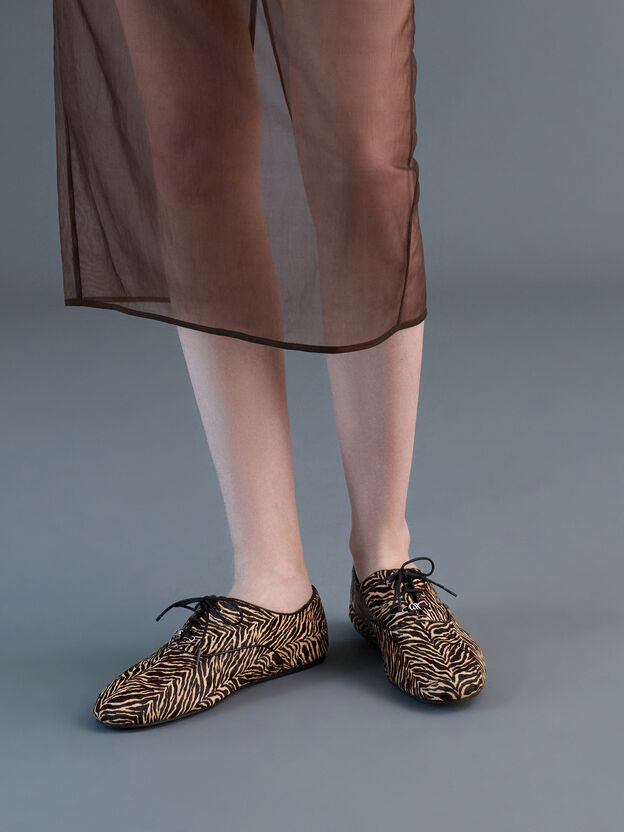 Pippa Zebra-Print Calf Hair Derby Flats, Animal Print Sand, hi-res