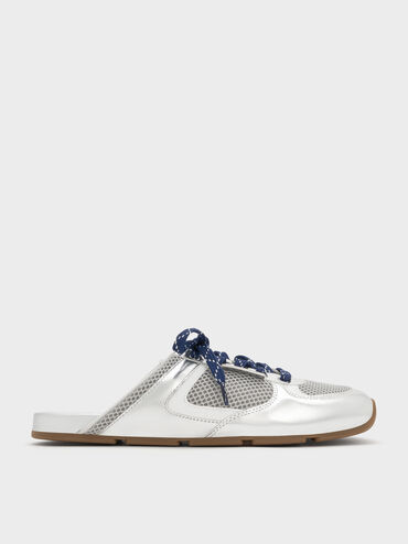 Metallic Mesh Patterned-Lace Slip-On Sneakers, Silver, hi-res