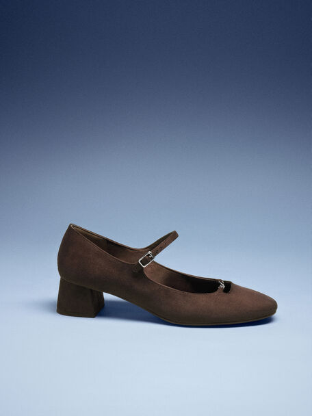 Shila Faux Suede Chain Mary Jane Pumps, Dark Brown Textured, hi-res
