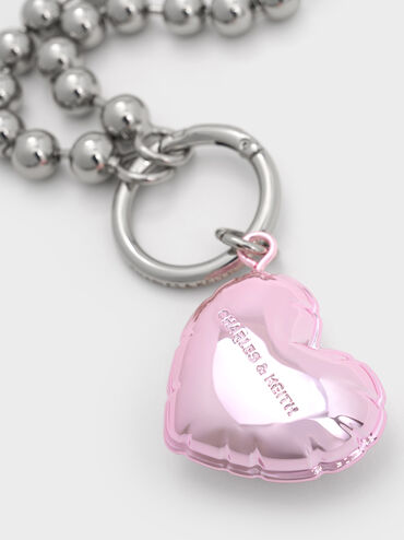 Metallic Heart Beaded Charm, Silver, hi-res