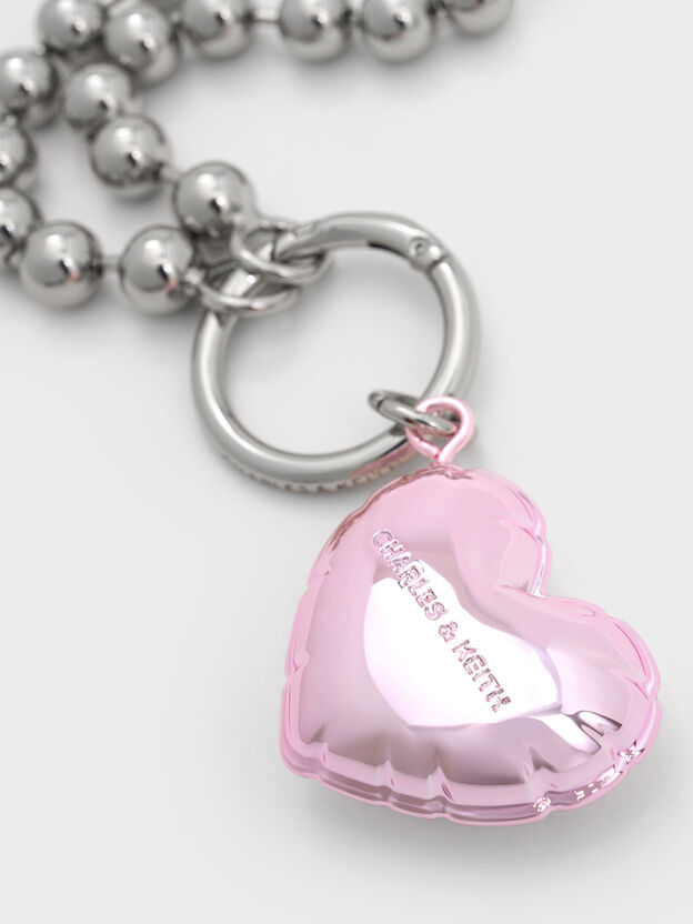 Metallic Heart Beaded Charm, Silver, hi-res