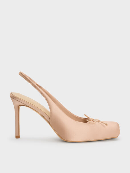 Satin Ruched Stiletto Slingback Pumps, Nude, hi-res