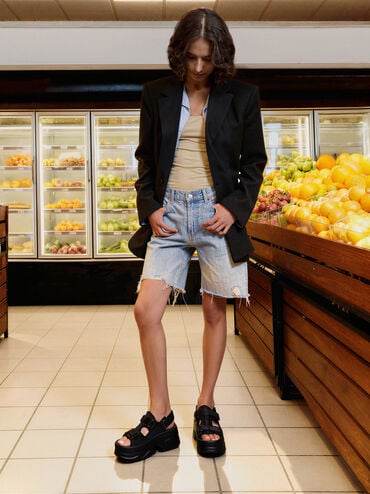 Elastane Flatform Sports Sandals, Black Textured, hi-res