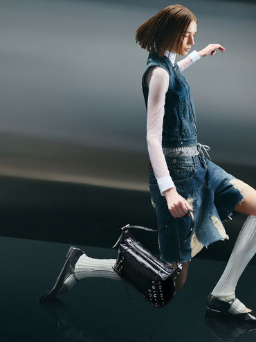 Xylia Grommet Lace-Up Shoulder Bag, Noir, hi-res