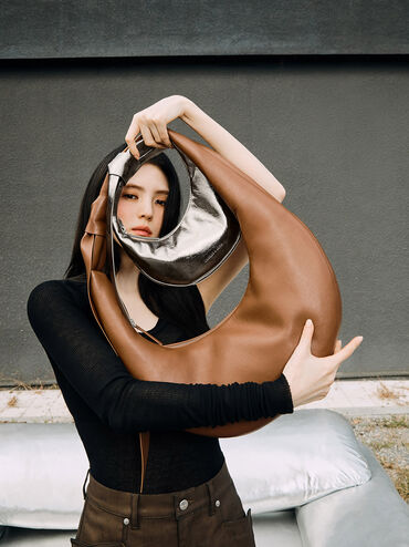 Toni Knotted Crescent Hobo Bag, Chocolate, hi-res