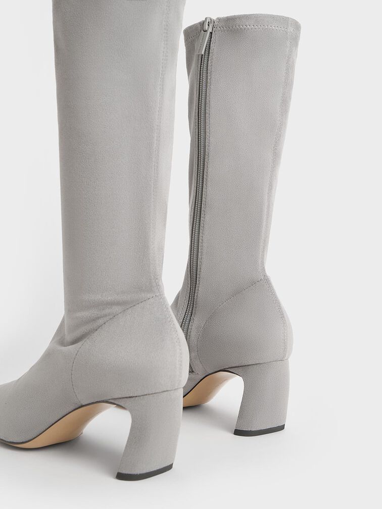 Faux Suede Blade-Heel Pointed-Toe Calf Boots, Grey, hi-res
