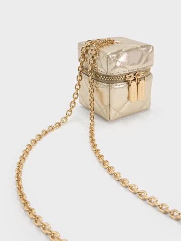 Janie Metallic Quilted Chain-Handle Micro Bag, Champagne, hi-res