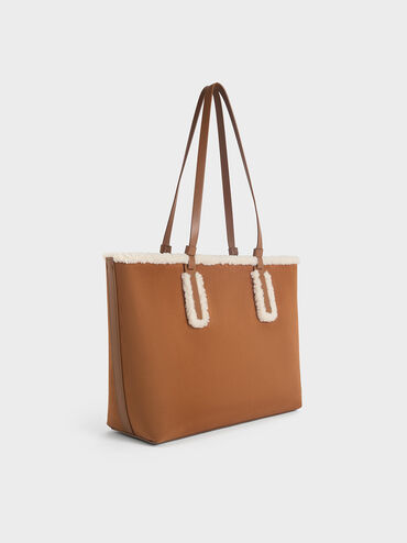 Noelle Faux Suede Fur-Trim Tote Bag, Brown, hi-res