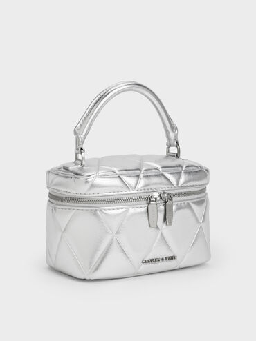 Arwen Metallic Quilted Top Handle Vanity Bag, Silver, hi-res