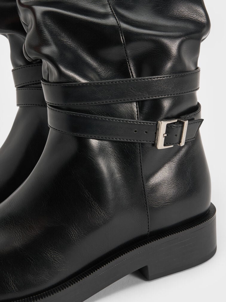 Ellis Ruched Buckled Fold-Over Thigh-High Boots, Black, hi-res