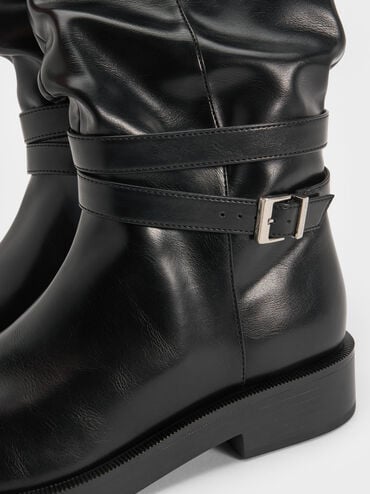 Ellis Ruched Buckled Fold-Over Thigh-High Boots, Black, hi-res