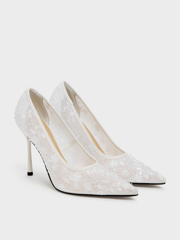 Kyra Embroidered-Mesh Stiletto Pumps, White, hi-res