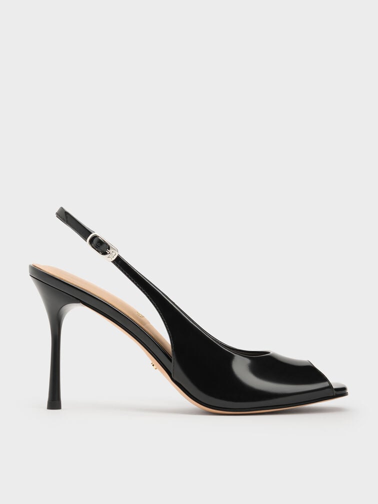 Kyra Leather Peep-Toe Slingback Heels, Black Box, hi-res